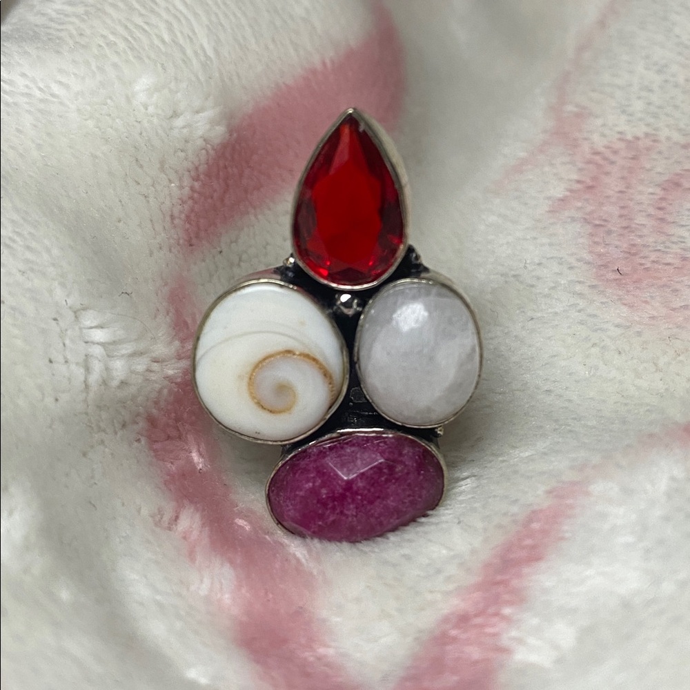 Ruby, Shiva Eye, Moonstone & Garnet 925 Ring